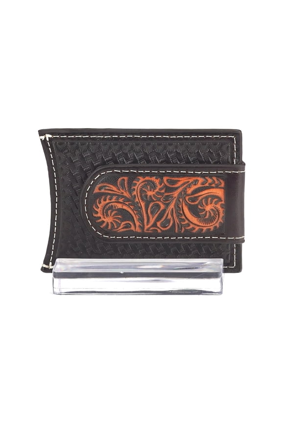 Western Money Clip Men Cross Floral Card Case Med Brown A3557444 Y101
