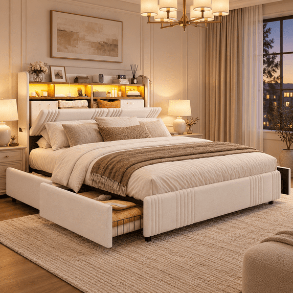 ARICOEASY 49.2” Tall California King Size Platform Bed Frames with 2-Tier LED Storage Velvet Wingback Headboard & 2 Storage Drawers, USB & Type-C Charging Ports, White