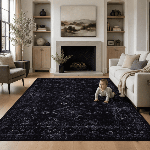 ARICOEASY 5' x 7' Washable Area Rug, Vintage Boho Black Area Rug for Living Room Bedroom, Non-Slip Low Pile Stain Resistant Indoor Rug