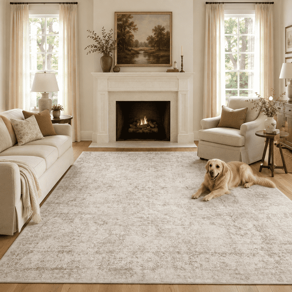 ARICOEASY 5x7 Abstract Area Rugs Machine Washable Non-slip for Living Room Bedroom Dining Room Office, Beige