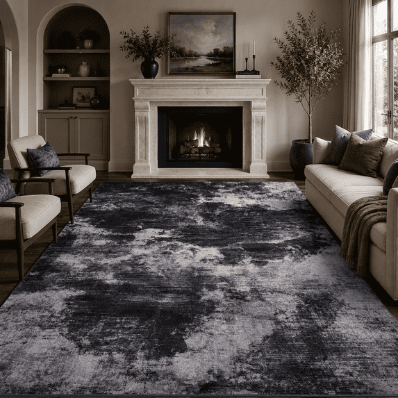 ARICOEASY 8'x10' Area Rugs, Persian Ink Black Modern Abstract Vintage Rug, Non-Slip Soft Low-Pile Indoor Carpet for Living Room Bedroom Dining Room and Office
