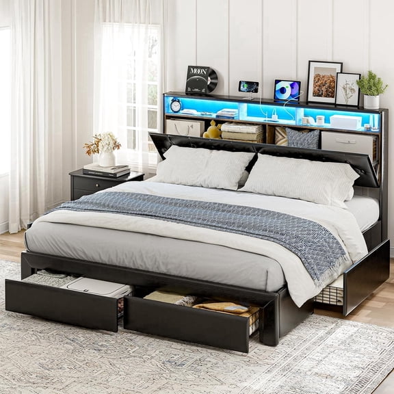 ARICOEASY California King Bed Frames with Hidden Storage Headboard & Drawers, Upholstered Cal King Platform Bed with LED Lights, Type-C Charging Station, No Box Spring Needed, Noise Free, Black