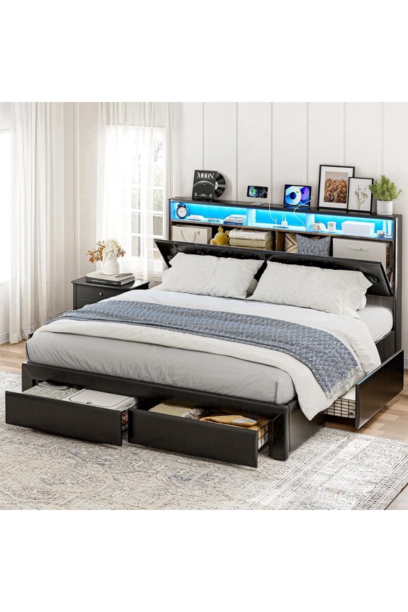 California King Bed Frames with Hidden Storage Headboard & Drawers, Upholstered Cal King Platform Bed with LED Lights, Type-C Charging Station, No Box Spring Needed, Noise Free, Black