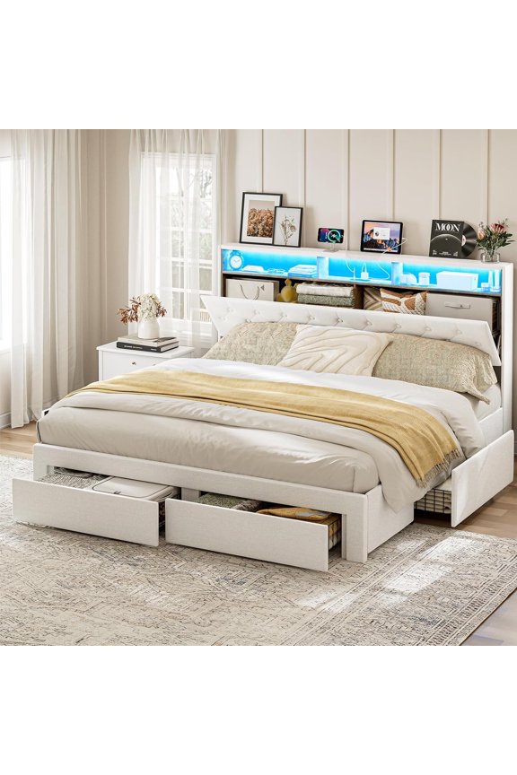 California King Bed Frames with Hidden Storage Headboard & Drawers, Upholstered Cal King Platform Bed with LED Lights, Type-C Charging Station, No Box Spring Needed, Noise Free, White