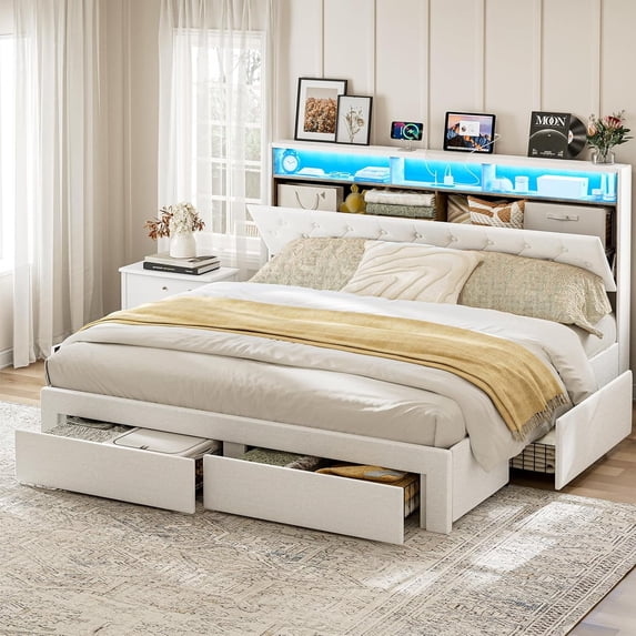 ARICOEASY California King Bed Frames with Hidden Storage Headboard & Drawers, Upholstered Cal King Platform Bed with LED Lights, Type-C Charging Station, No Box Spring Needed, Noise Free, White