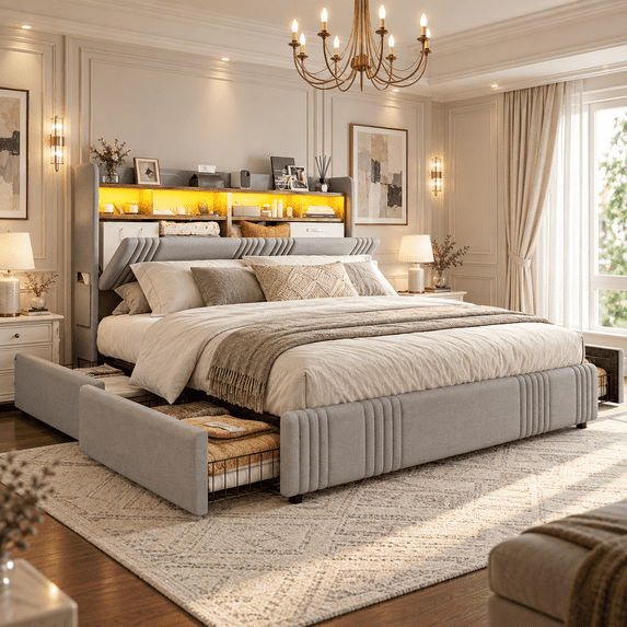 ARICOEASY California King Size Bed Frame with Bookcase Headboard & 2 Drawers Cal King Upholstered Platform Bed with LED Lights & Charging Station, Light Grey