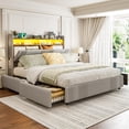 thumbnail image 1 of ARICOEASY California King Size Bed Frame with Bookcase Headboard & 2 Drawers Cal King Upholstered Platform Bed with LED Lights & Charging Station, Light Grey, 1 of 9