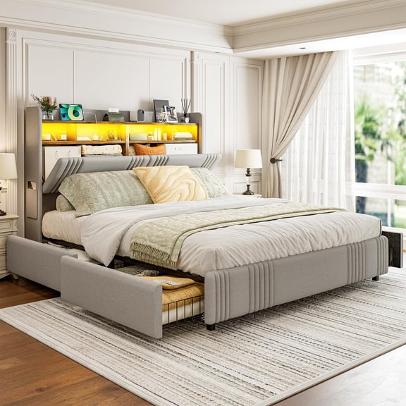 ARICOEASY California King Size Bed Frame with Bookcase Headboard & 2 Drawers Cal King Upholstered Platform Bed with LED Lights & Charging Station, Light Grey