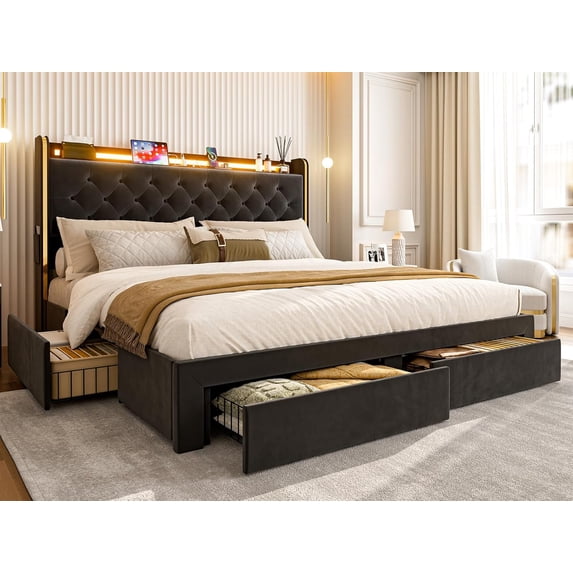 ARICOEASY California King Bed Frames with LED Lights and Charging Station,Velvet Bed Frame with Headboard and 4 Storage Drawers, Black