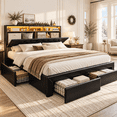 thumbnail image 1 of ARICOEASY California King Size Bed Frame with Storage Drawers, Upholstered Headboard, Charging Station and LED Lights, Black, 1 of 8