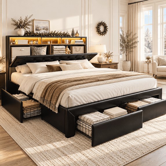 ARICOEASY California King Size Bed Frame with Storage Drawers, Upholstered Headboard, Charging Station and LED Lights, Black
