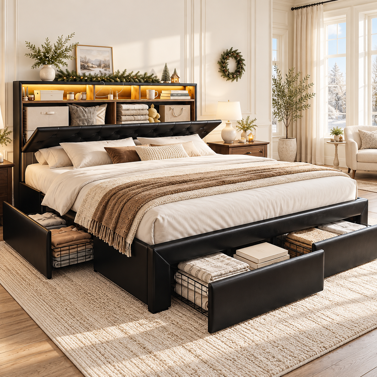 ARICOEASY California King Size Bed Frame with Storage Drawers, Upholstered Headboard, Charging Station and LED Lights, Black