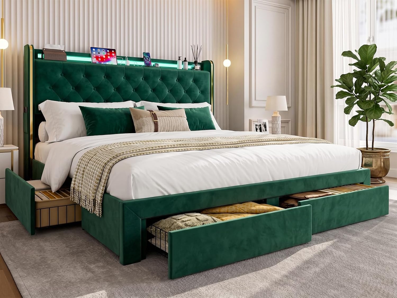ARICOEASY California King Size Bed Frame with Storage Drawers and LED Headboard for Bedroom, Green