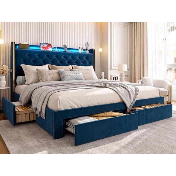 ARICOEASY California King Size Platform Bed Frame, Velvet Upholstered Storage Bed with Deep Button Tufted with LED Lights and Charger, Blue
