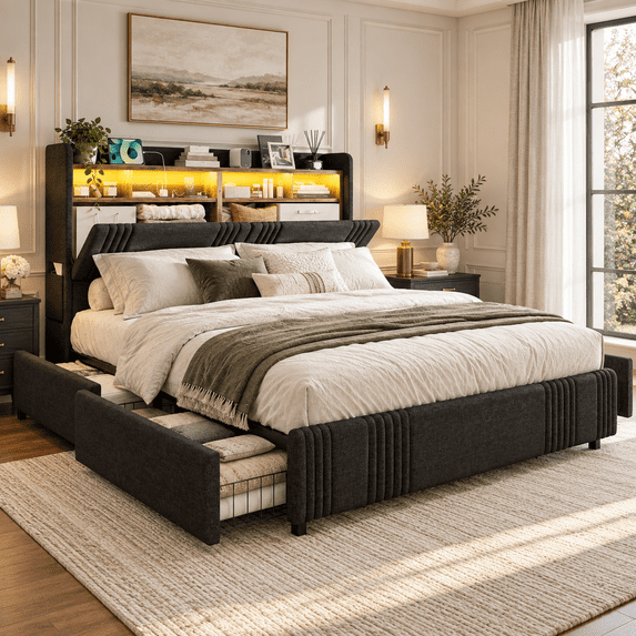 ARICOEASY California King Size Platform Bed Frame with Storage Drawers & LED Lights & Charging Station, Black
