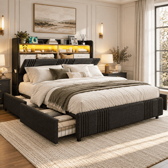 ARICOEASY California King Size Platform Bed Frame with Storage Drawers & LED Lights & Charging Station, Black