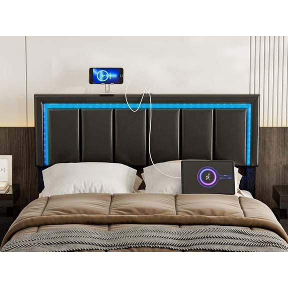 ARICOEASY Full Size Upholstered Headboard with LED Lights, USB Ports, Adjustable Height, Faux Leather Headboard, Easy Assembly, Modern Design for Bed Frame, Black