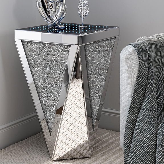 ARICOEASY Hexagonal Mirrored End Table with Diamond-Inlaid Panels, Modern Glass Accent Table with Crystal Design for Living Room