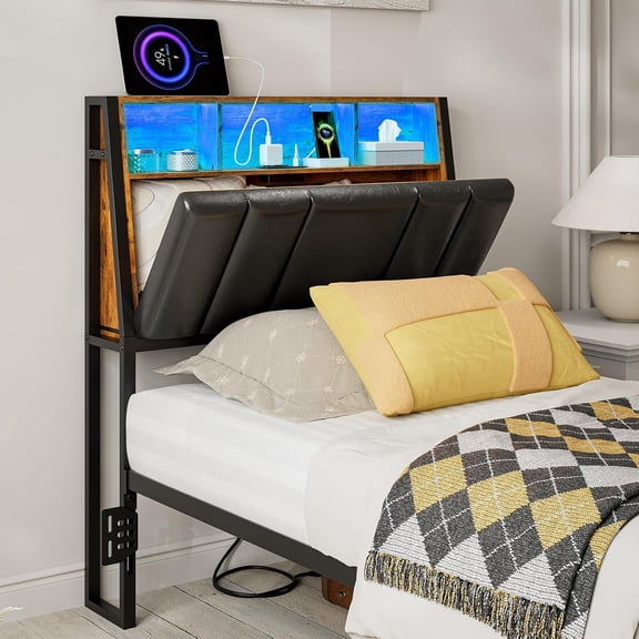 ARICOEASY Hidden Storage Headboard Twin Size with Charging Station, Ergonomic Upholstered Twin XL Headboard Only with LED Lights, 2 Outlets & 2 USB Ports, Attach Frame, Easy Assembly, Black
