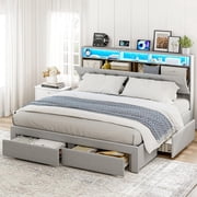 ARICOEASY King Bed Frame with Hidden Storage Headboard & 4 Drawers, Upholstered Button Tufted Platform Bed with LED Lights and Charging Station, No Box Spring Needed, Solid Wood Slats, Light Grey