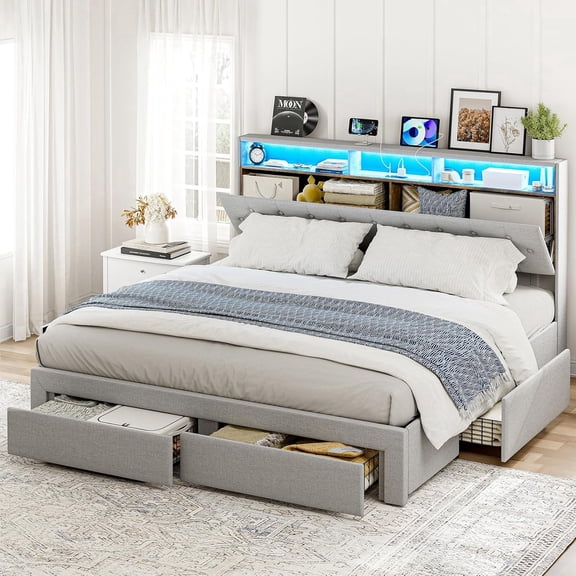 ARICOEASY King Bed Frame with Hidden Storage Headboard & 4 Drawers, Upholstered Button Tufted Platform Bed with LED Lights and Charging Station, No Box Spring Needed, Solid Wood Slats, Light Grey