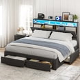 thumbnail image 1 of ARICOEASY King Bed Frame with Hidden Storage Headboard & Drawers, Upholstered Platform Bed King Size with LED Lights, Type-C Charging Station, No Box Spring Needed, Solid Wood Slats, Dark Grey, 1 of 9