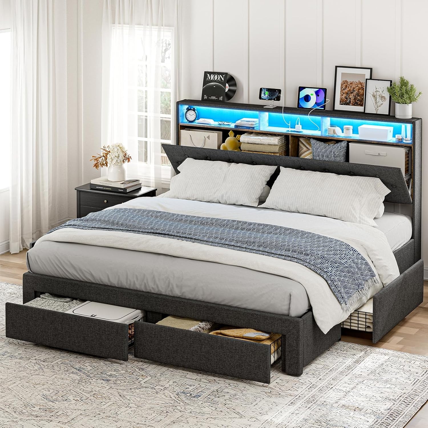 ARICOEASY King Bed Frame with Hidden Storage Headboard & Drawers, Upholstered Platform Bed King Size with LED Lights, Type-C Charging Station, No Box Spring Needed, Solid Wood Slats, Dark Grey