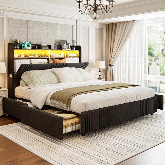 ARICOEASY King Bed Frame with Storage Headboard & 4 Drawers, Upholstered Wingback Platform Bed with LED Lights & Charging Station, 49” Tall Headboard, No Box Spring Needed, Noise-Free, Black