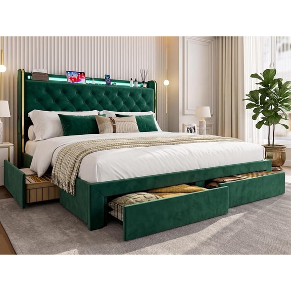 ARICOEASY King Size Bed Frame with 4 Storage Drawers Platform Bed Frame with Headboard and LED Lights, Green