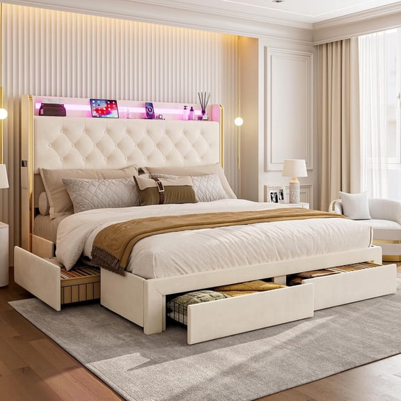 ARICOEASY King Size Bed Frame with Storage and Tufted Headboard Velvet Upholstered Platform Bed Frame with LED Light, Beige
