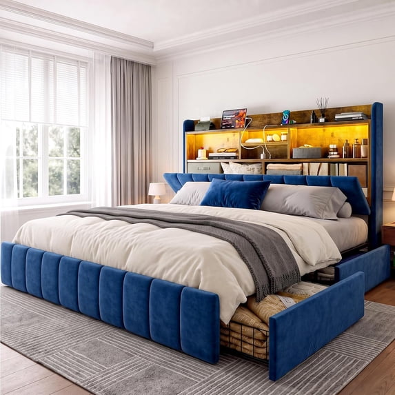 ARICOEASY King Size Velvet Upholstered Headboard Platform Bed with Wingback Storage Headboard, Navy Blue