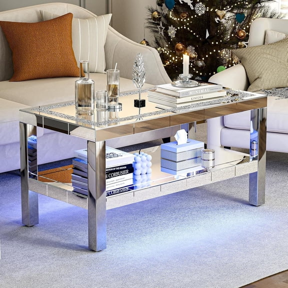 ARICOEASY Modern Coffee Table, Mirrored 2-Tier Coffee Table with LED for Living Room, Home Office