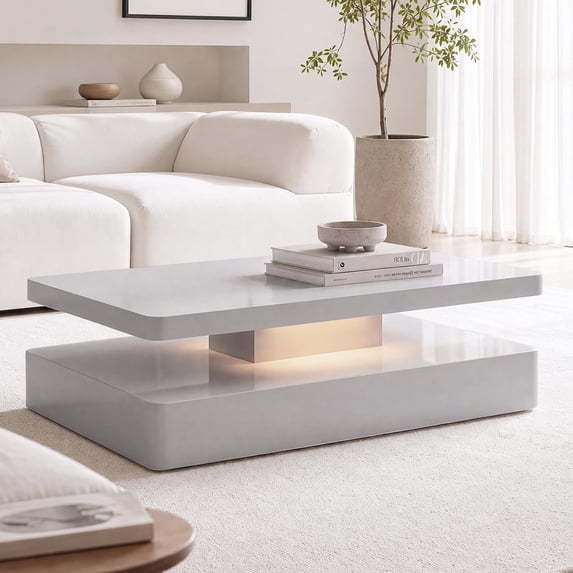 ARICOEASY LED Coffee Table with Storage Space, 43.3" Modern High Gloss Center Table with RGB LED Lights for Living Room, Grey