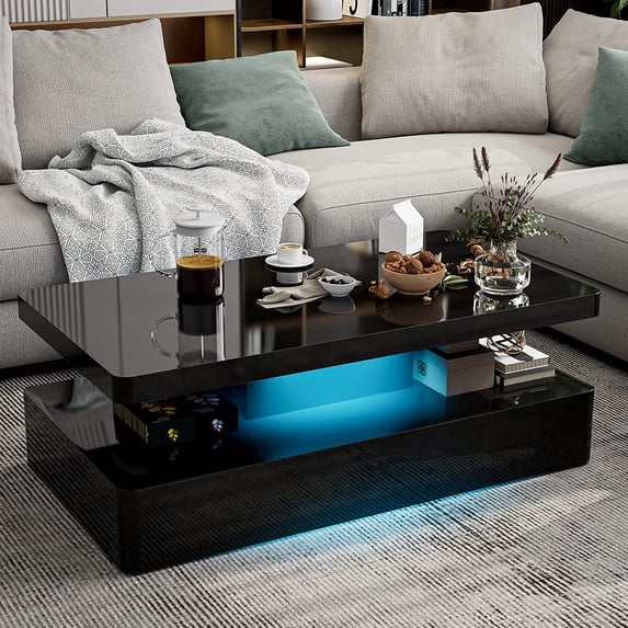ARICOEASY LED High Glossy Coffee Table, Modern Coffee Table for Living Room with 16 Colors LED Lights, Black