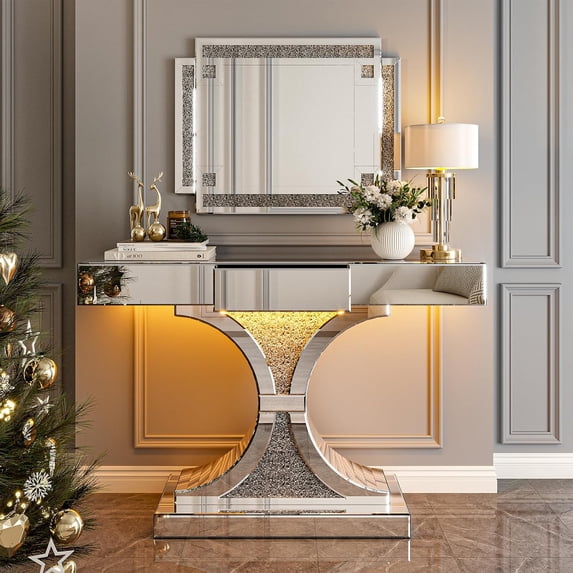 ARICOEASY LED Mirrored Console Table with Rectangular Decorative Wall Mirror, 46.4" Silver Entryway Sofa Table with 35" Crushed Diamond Wall Mirror Set for Living Room, Set of 2