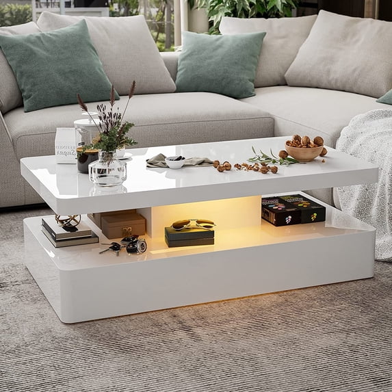 ARICOEASY LED White Coffee Table with 16 Colors LED Lights for Living Room and Home Office