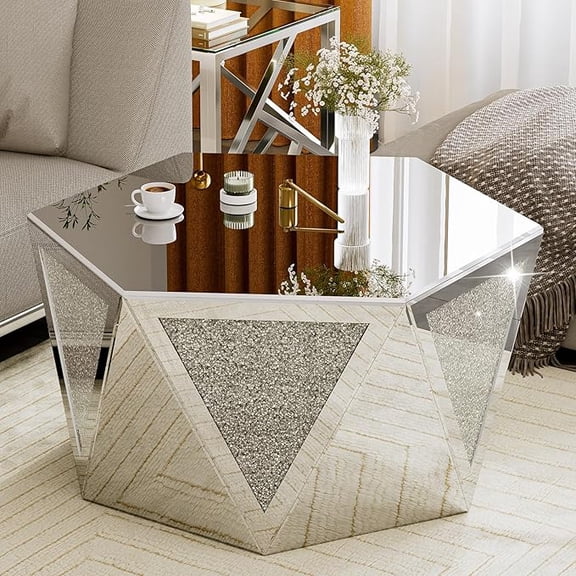 ARICOEASY Luxury Mirrored Silver Coffee Table with Crushed Diamond Inlay, No assembly Needed
