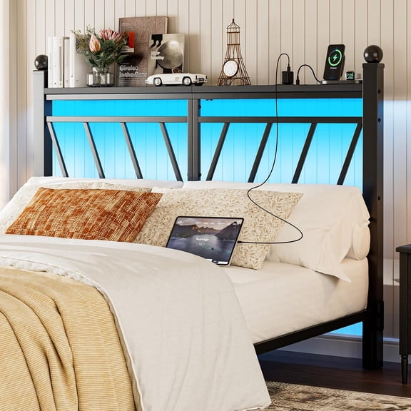 ARICOEASY Metal Full Size Storage Headboard with LED Lights, Modern Full Head Board with Outlets, USB & Type C Port, Farmhouse Vintage Style, Easy Assembly, Black