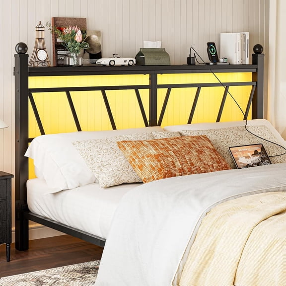 ARICOEASY Metal King Size Storage Headboard with LED Lights, Modern King Head Board with Outlets, USB & Type C Port, Farmhouse Vintage Style, Easy Assembly, Black