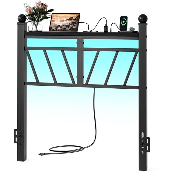ARICOEASY Metal Twin Size Storage Headboard with LED Lights, Modern Twin XL Head Board with Outlets, USB & Type C Port, Farmhouse Vintage Style, Easy Assembly, Black
