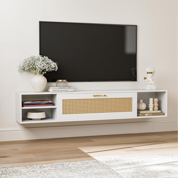 ARICOEASY Minimalist Floating TV Stand for up to 75" with Storage Cabinet Door for Living Room, White