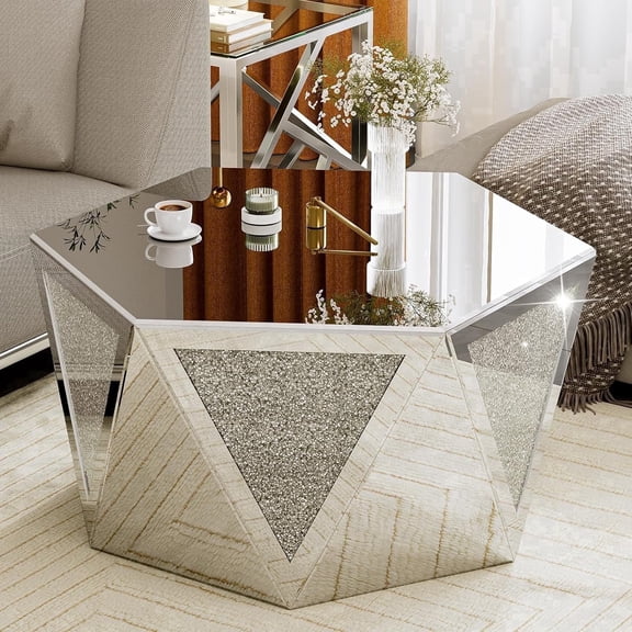 ARICOEASY Mirrored Coffee Table Crystal Diamond Accent Table Leisure Table Cocktail Table Center Table for Living Room Decor