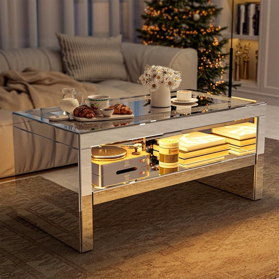 ARICOEASY Mirrored Coffee Table with Crystal Board, 2-Tier Rectangle Glass End Table for Living Room Bedroom, Sturdy Legs Easy Assembly