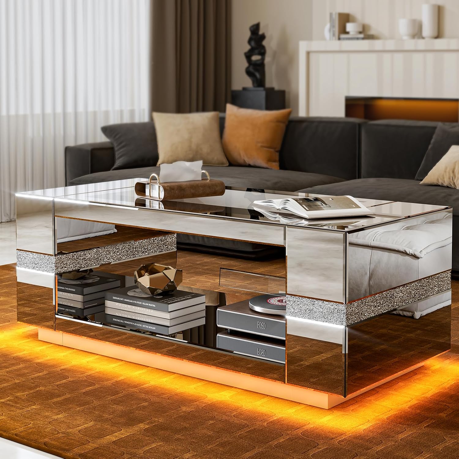 ARICOEASY Mirrored Coffee Table with LED Light & Large Storage for Living Room