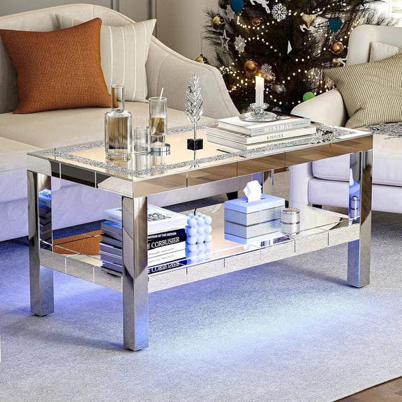 ARICOEASY Modern Mirrored Diamond Coffee Table with RGB LED & Stainless Steel Legs, Silver