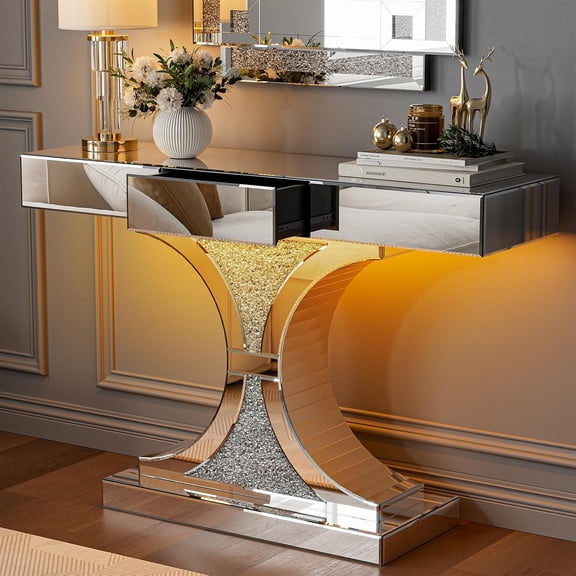 ARICOEASY Mirrored Console Table with LED Light and Drawer, C-Shaped Base