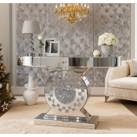 ARICOEASY Silver Mirrored Console Table with LED Light and Storage Drawer for Entryway Sofa