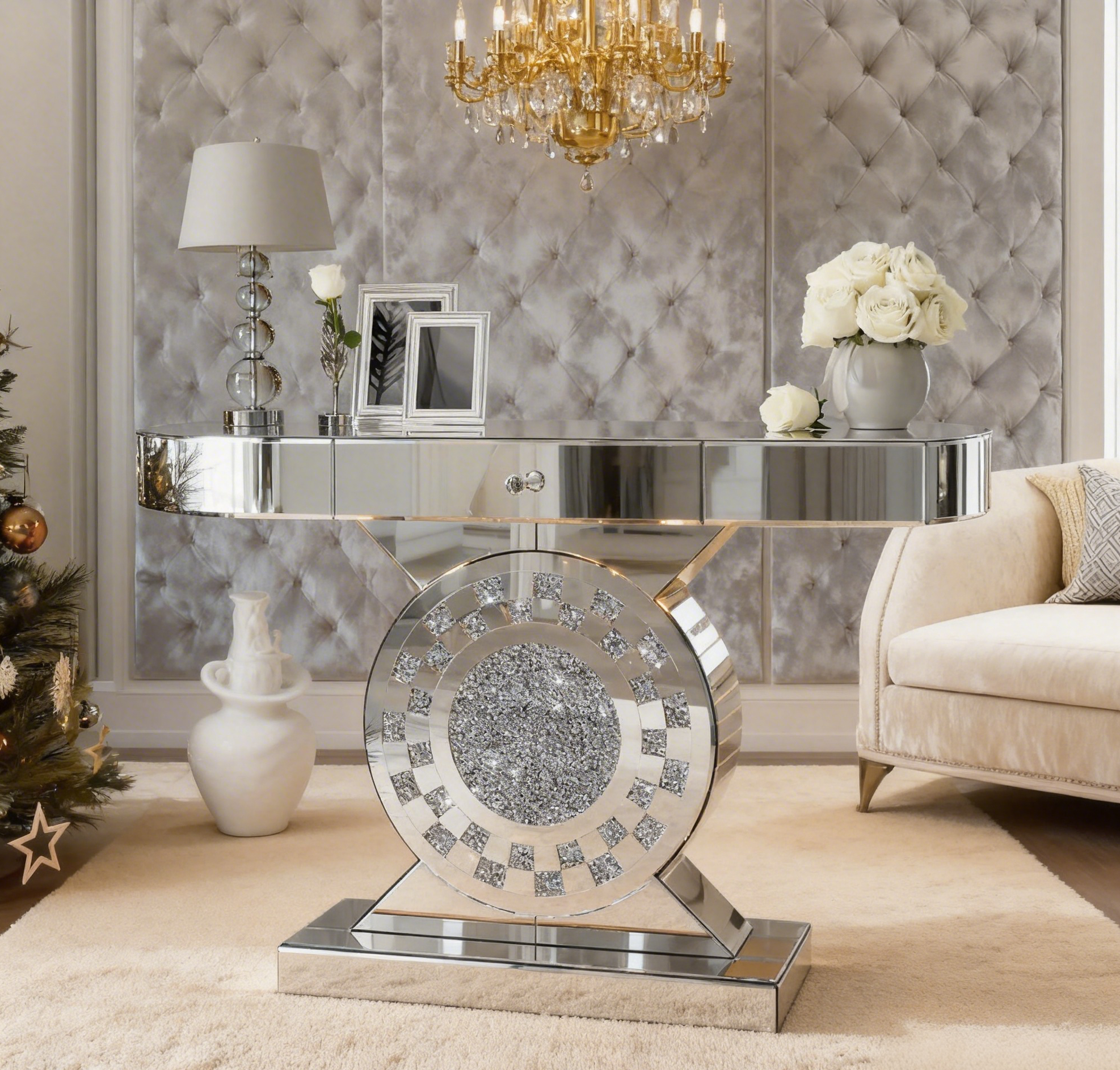 ARICOEASY Silver Mirrored Console Table with LED Light and Storage Drawer for Entryway Sofa