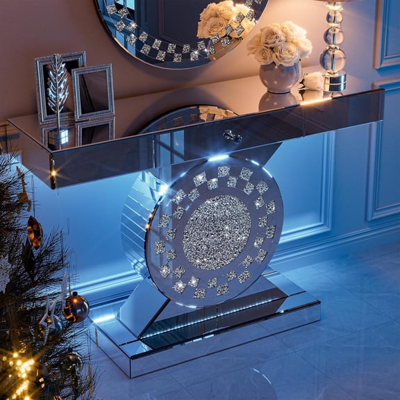 ARICOEASY Mirrored Console Table with LED Light and Storage Drawer, 47.2'' Long Entryway Sofa Table