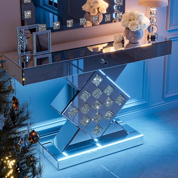ARICOEASY Mirrored Console Table with LED Light and Storage Drawer, Narrow Entryway Table with drawers for Living Room Furniture Sets